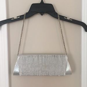 Ruched Metallic Silver Clutch with Shoulder Chain